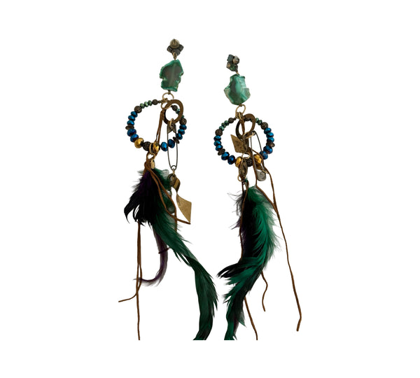 DREAM CATCHER GREEN COLOUR FEATHER EARRINGS  - SAMPLE SALE